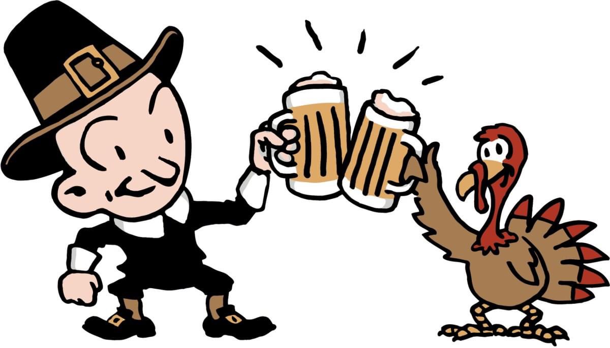 Cartoon pilgrim and turkey toasting with beer mugs