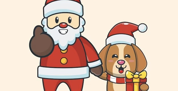 Cartoon Santa Claus with a cartoon dog holding a package