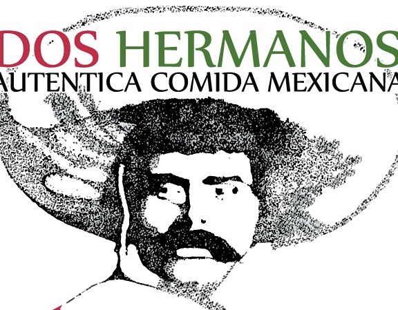 Logo for Dos Hermanos food truck showing a man with a mustache wearing a sombrero