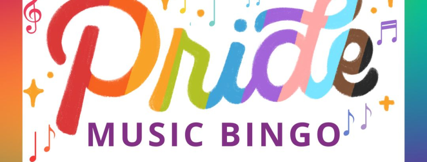 Colorful event flyer for Pride Music Bingo presented by Queens Entertainment, featuring rainbow-themed "Pride" text with music notes and stars. Event details: Thunderwing Brewing, June 6th at 7:00 PM.