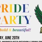 Event flyer for a Pride Party at Thunderwing Brewing on Friday, June 20th. Features rainbow colors, the Thunderwing Brewing logo, and event details describing food trucks from 4-8pm, karaoke from 7-10pm, and pride-themed drink specials all day. Slogan reads “Be bold & beautiful!”